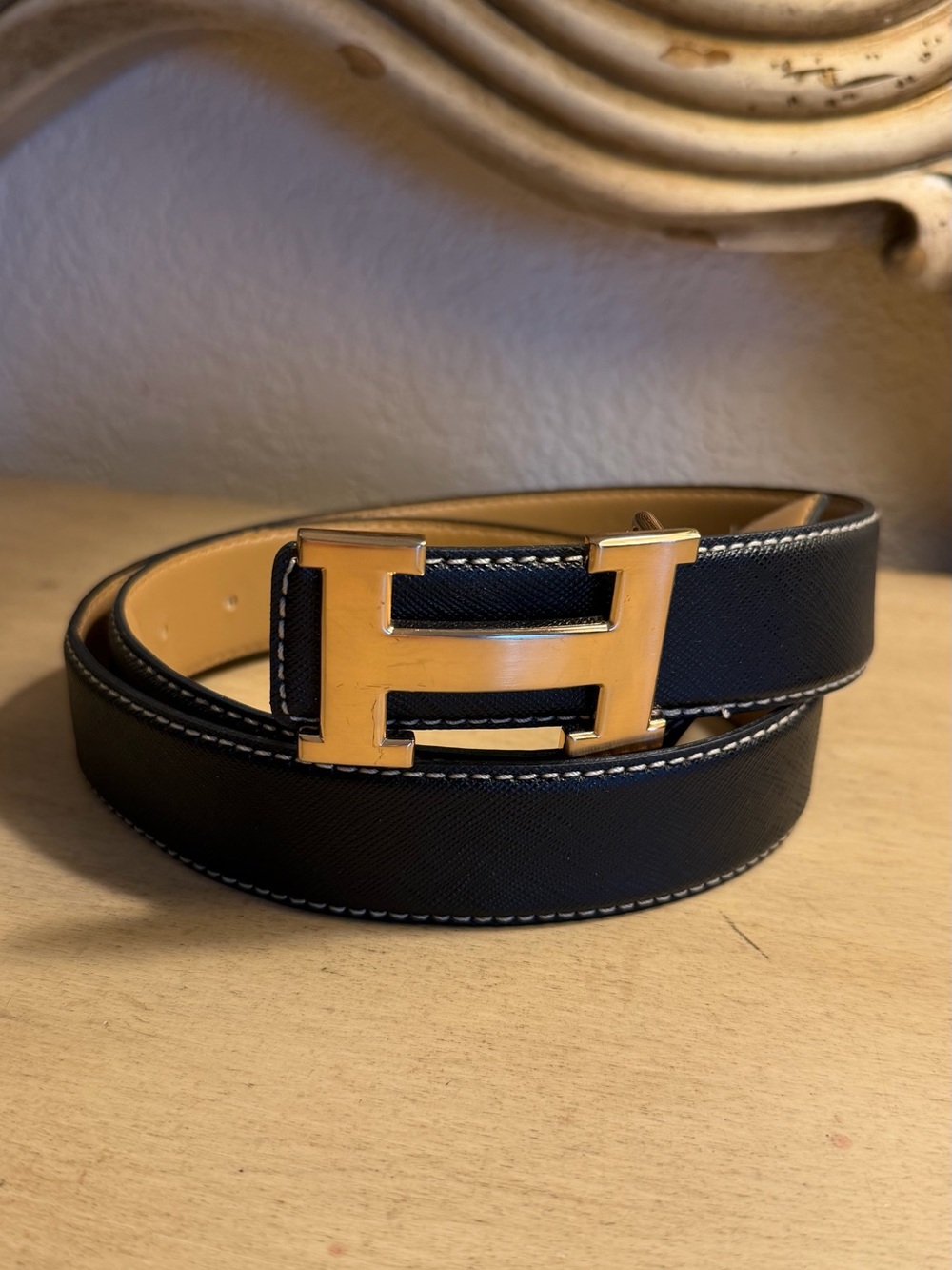 Black Leather Belt with Gold Buckle